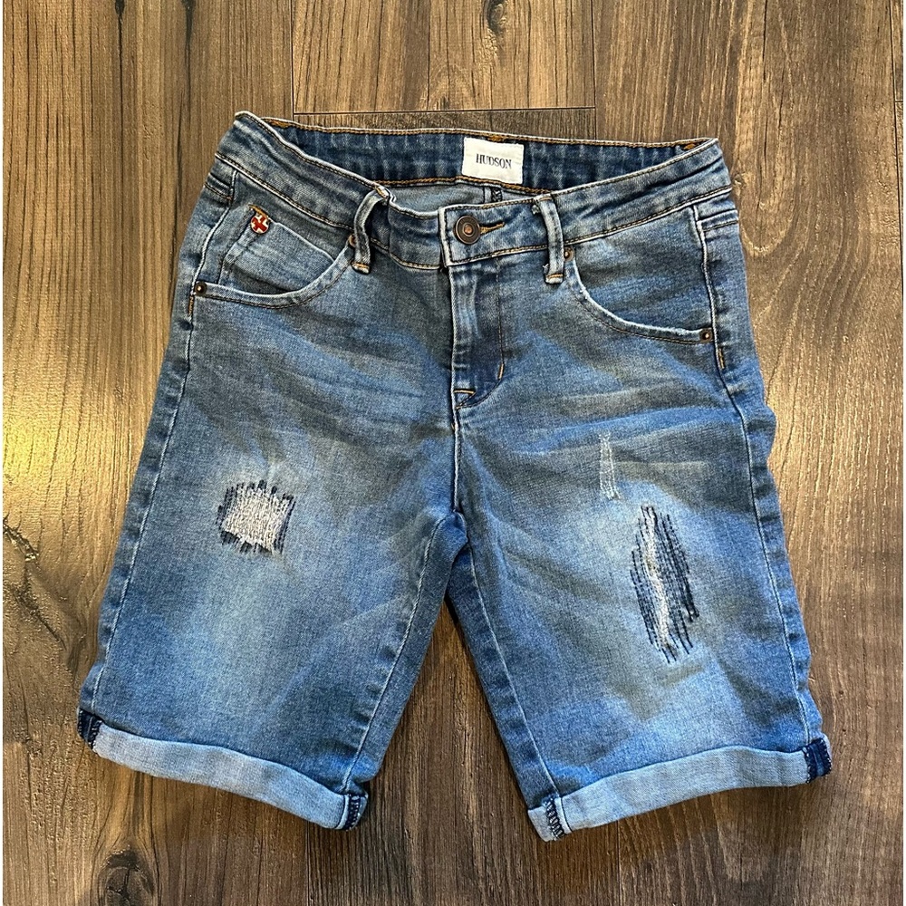 GUC Kid's Hudson Denim Bermuda Shorts, Distressed Cuffed Hem Adjustable Waist 16